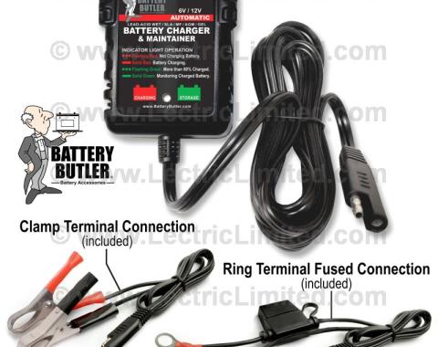 Lectric Limited 1935-2012 American Motors / Chrysler / DeSoto / Dodge / Plymouth / Ford / Mercury / Buick / Cadillac / Chevrolet / GMC / Oldsmobile / Pontiac / Jeep / Studebaker / Volkswagen Battery Butler – Battery Storage Charger: 6/12 Volt BBFC100